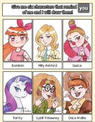 Size: 567x724 | Tagged: safe, artist:amalteaolenska, imported from derpibooru, rarity, human, pony, unicorn, six fanarts, bedroom eyes, blossom (powerpuff girls), crossover, eyelashes, glasses, harry potter, harry potter (series), necktie, solo, squirrel girl, the powerpuff girls, traditional art