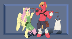 Size: 2400x1301 | Tagged: safe, artist:joan-grace, edit, imported from derpibooru, big macintosh, fluttershy, anthro, butterfly, earth pony, pegasus, unguligrade anthro, abs, abstract background, alternate universe, bare chest, blushing, bucket, carrying pole, clothes, dress, female, fluttermac, great macintosh, hoof hands, leg wraps, looking at each other, male, mare, muscles, muscular male, pecs, sack, shipping, smiling, smiling at each other, stallion, straight, topless, weight lifting, yoke