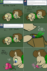 Size: 1302x1954 | Tagged: safe, artist:toadstool-prancer, imported from derpibooru, doctor whooves, time turner, oc, oc:tantamount, earth pony, pony, bag, disguise, disguised changeling, flower, green face, male, saddle bag, shivering, sniffing, solo, solo male, tantamount time turner, wavy mouth