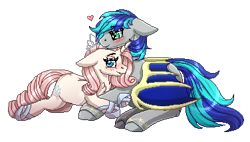 Size: 376x214 | Tagged: safe, artist:inspiredpixels, imported from derpibooru, oc, oc only, pony, unicorn, bat wings, blushing, duo, floating heart, floppy ears, heart, oc x oc, pixel art, shipping, simple background, transparent background, wings