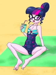 Size: 747x997 | Tagged: safe, artist:xjleiu, imported from derpibooru, sci-twi, twilight sparkle, equestria girls, equestria girls series, forgotten friendship, barefoot, beach towel, breasts, cleavage, clothes, drink, feet, female, glasses, hair bun, one-piece swimsuit, sci-twi swimsuit, sleeveless, solo, swimsuit, wiggling toes