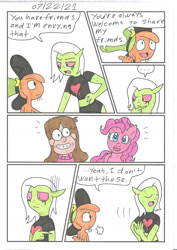 Size: 1280x1805 | Tagged: safe, artist:cmara, imported from derpibooru, pinkie pie, alien, earth pony, human, pony, comic:not those friends, ..., comic, crossover, gravity falls, lord dominator, mabel pines, makeup, running makeup, speech bubble, wander (wander over yonder), wander over yonder