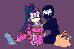 Size: 2500x1667 | Tagged: safe, artist:bugssonicx, imported from derpibooru, rainbow dash, sci-twi, twilight sparkle, equestria girls, arm behind back, bag, bondage, book, bound and gagged, burglar, catsuit, cloth gag, clothes, comic book, daring do collector, gag, mask, nightgown, otn gag, over the nose gag, pajamas, robbery, socks, stocking feet, sweat, sweatdrop, tied up, tying