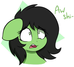 Size: 1134x1026 | Tagged: safe, artist:czu, imported from derpibooru, oc, oc only, oc:filly anon, earth pony, pony, black mane, bust, dialogue, eye clipping through hair, female, filly, floppy ears, green eyes, oh no, oh shi-!, oh shit, oops, open mouth, portrait, reaction image, scared, shrunken pupils, simple background, solo, transparent background, vulgar