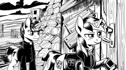 Size: 4256x2364 | Tagged: safe, artist:lexx2dot0, imported from derpibooru, oc, oc only, oc:blackjack, oc:priest, alicorn, pony, unicorn, fallout equestria, fallout equestria: project horizons, series:ph together we reread, black and white, book, clothes, comic, duo, fanfic art, grayscale, horn, jumpsuit, key, levitation, lockpicking, magic, monochrome, pipbuck, small horn, telekinesis, vault security armor, vault suit