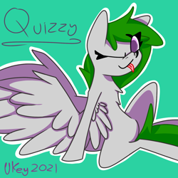 Size: 1280x1280 | Tagged: safe, artist:ukedideka, imported from derpibooru, oc, oc only, oc:quizzical aphre, pegasus, pony, ears up, female, females only, green hair, leaning back, looking at you, one eye closed, pegasus oc, simple background, sitting, smiling, smiling at you, solo, species:abstract, spread wings, tongue out, wings, wink, winking at you