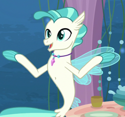 Size: 658x614 | Tagged: safe, edit, edited screencap, imported from derpibooru, screencap, terramar, seapony (g4), season 8, surf and/or turf, spoiler:s08, belly button, cropped, cute, female, fins, jewelry, male, mare, necklace, solo, tail, terrabetes