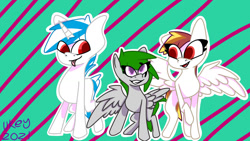 Size: 1280x720 | Tagged: safe, artist:ukedideka, imported from derpibooru, oc, oc only, oc:glo prizmatica, oc:lumen afterglow, oc:quizzical aphre, pegasus, pony, unicorn, group, group photo, horn, looking at each other, pegasus oc, red hair, simple background, smiling, smiling at each other, species:abstract, spread wings, tongue out, unicorn oc, wings