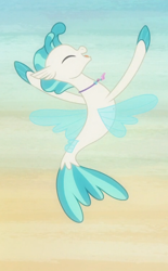 Size: 462x746 | Tagged: safe, edit, edited screencap, imported from derpibooru, screencap, terramar, seapony (g4), season 8, surf and/or turf, spoiler:s08, belly button, cropped, cute, eyes closed, female, fins, happy, leaping, male, mare, open mouth, smiling, solo, tail, terrabetes