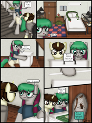Size: 1750x2333 | Tagged: safe, artist:99999999000, imported from derpibooru, oc, oc only, oc:cwe, oc:li anna, cockroach, dinosaur, frog, insect, pegasus, pony, snake, stegosaurus, comic:visit, clothes, comic, cricket (insect), doll, female, food, glasses, larva, male, toy, vegetables