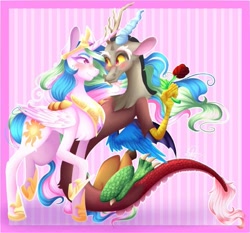 Size: 605x565 | Tagged: safe, artist:shibachichi, imported from derpibooru, discord, princess celestia, alicorn, draconequus, pony, blushing, box, dislestia, female, flower, looking at each other, male, mare, pink background, raised hoof, rose, shipping, simple background, smiling, smiling at each other, straight