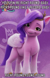 Size: 646x993 | Tagged: safe, edit, edited screencap, imported from derpibooru, screencap, pipp petals, pegasus, pony, 3d, abstract background, animated, butt, dead or alive (band), extreme speed animation, female, g5, gif, mare, my little pony: a new generation, my little pony: a new generation logo, plot, rotating, seizure warning, solo, song reference, speed up, spinning, text edit, turnaround, you spin me right round