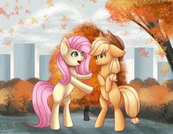 Size: 1280x990 | Tagged: safe, artist:greenmarta, imported from derpibooru, applejack, fluttershy, earth pony, pegasus, pony, autumn, bipedal, building, duo, duo female, female, females only, looking at each other, mare, open mouth, open smile, park, smiling, smiling at each other, wingless