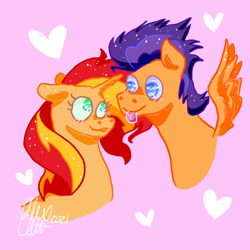 Size: 1280x1280 | Tagged: safe, artist:hippiecide, imported from derpibooru, flash sentry, sunset shimmer, pegasus, pony, unicorn, female, flashimmer, heart, male, mare, shipping, stallion, straight, tongue out