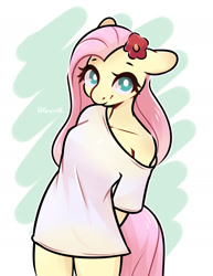 Size: 1544x1996 | Tagged: safe, artist:goyini01, imported from derpibooru, fluttershy, anthro, bottomless, breasts, busty fluttershy, clothes, cute, daaaaaaaaaaaw, female, floppy ears, flower, flower in hair, looking at you, off shoulder, partial nudity, shirt, shyabetes, smiling, solo, t-shirt, white pupils