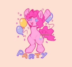 Size: 988x916 | Tagged: safe, artist:sleepy_pigeonz, imported from derpibooru, pinkie pie, earth pony, pony, balloon, beady eyes, bipedal, confetti, female, mare, open mouth, party, pink background, simple background, solo