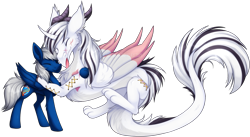 Size: 1757x965 | Tagged: safe, artist:scarlet-spectrum, imported from derpibooru, oc, oc only, oc:trade wind, oc:ward, oc:yiazmat, draconequus, pegasus, pony, :p, cheek fluff, chest fluff, draconequus oc, ear fluff, eyes closed, folded wings, hug, male, males only, paws, pegasus oc, simple background, smiling, stallion, tongue out, transparent background, watermark, wings