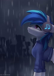 Size: 1800x2500 | Tagged: safe, artist:delta hronum, imported from derpibooru, dj pon-3, vinyl scratch, pony, unicorn, clothes, female, headphones, looking up, rain, solo, solo focus, sweater