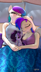 Size: 1080x1920 | Tagged: safe, artist:anthroponiessfm, imported from derpibooru, oc, oc:aurora starling, oc:inkwell stylus, oc:raven storm, anthro, 3d, bed, blushing, breasts, clothes, cuddling, cute, daaaaaaaaaaaw, eyes closed, female, glasses, head pat, holding hands, holding head, pat, plushie, source filmmaker, wholesome