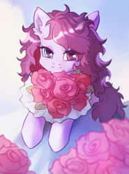 Size: 1476x2000 | Tagged: safe, artist:promiset, imported from derpibooru, oc, oc only, oc:veen, pony, bipedal, bouquet, clothes, cute, dress, ear fluff, flower, freckles, heterochromia, lidded eyes, looking at you, messy mane, ocbetes, rose, simple background, smiling, solo