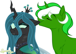 Size: 3196x2278 | Tagged: safe, artist:kawaiizhele, imported from derpibooru, queen chrysalis, oc, oc:chain whip, biting, canon x oc, chaisalis, ear bite, high res, simple background, this will end in pain, transparent background