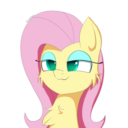 Size: 1080x1080 | Tagged: safe, artist:fajnyziomal, imported from derpibooru, fluttershy, pegasus, pony, :3, cheek fluff, chest fluff, cute, eyeshadow, female, fluffy, makeup, mare, shyabetes, simple background, smiling, smug, smugshy, solo, white background