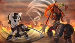 Size: 5568x3180 | Tagged: safe, artist:av-4, artist:avastin4, imported from derpibooru, oc, oc only, oc:shiro reisu, pony, unicorn, armor, chinese, duel, fight, gate, halberd, japanese, katana, lu bu, male, romance of the three kingdoms, samurai, stallion, sword, tower, wall, weapon