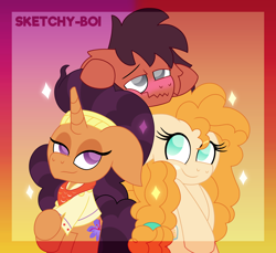 Size: 3500x3200 | Tagged: safe, artist:snakeythingy, imported from derpibooru, pear butter, saffron masala, oc, oc:sketchy dupe, earth pony, pony, unicorn, fluffy mane, gradient background, high res, poofy mane, story included