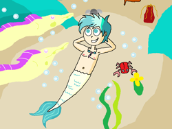 Size: 1339x1008 | Tagged: safe, artist:ocean lover, imported from derpibooru, terramar, crab, eel, fish, human, mermaid, merman, arm behind head, belly button, bubble, chest, cute, fins, flower, humanized, jewelry, light, looking up, lying down, male, male nipples, mermaidized, necklace, nipples, nudity, sand, seaweed, species swap, tail, terrabetes, underwater