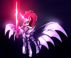 Size: 1579x1284 | Tagged: safe, alternate version, artist:zidanemina, imported from derpibooru, tempest shadow, pony, wyvern, my little pony: the movie, armor, colored sketch, crossover, looking down, saint seiya, sketch, solo