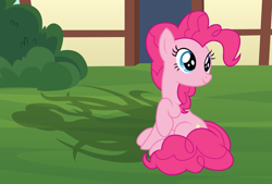 Size: 2703x1829 | Tagged: safe, artist:badumsquish, derpibooru exclusive, imported from derpibooru, pinkie pie, earth pony, pony, bush, cute, diapinkes, female, house, implied monster pony, looking back, meme, pinkie being pinkie, ponified animal photo, ponified meme, puppy dog eyes, raised hoof, shadow, show accurate, sitting, smiling, solo, tentacles, wide eyes