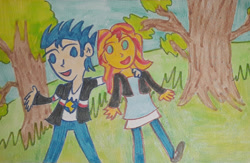 Size: 1280x837 | Tagged: safe, artist:dex stewart, imported from derpibooru, flash sentry, sunset shimmer, human, equestria girls, couple, female, flashimmer, male, shipping, straight, traditional art
