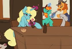 Size: 1741x1189 | Tagged: safe, artist:orchidpony, imported from derpibooru, firecracker burst, oc, oc:seafoam breeze, pony, unicorn, alcohol, beer, chair, female, gun, hat, male, mare, red dead redemption 2, saloon, sheriff, stallion, unsafe weapon handling, weapon