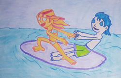 Size: 1280x823 | Tagged: safe, artist:dex stewart, imported from derpibooru, flash sentry, sunset shimmer, human, equestria girls, belly button, bikini, clothes, couple, female, flashimmer, male, shipping, straight, surfboard, surfing, swim trunks, swimming trunks, swimsuit, traditional art