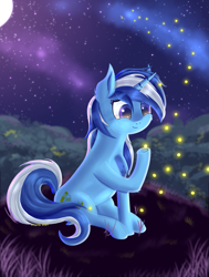 Size: 1625x2145 | Tagged: safe, artist:divifilly, imported from derpibooru, minuette, pony, unicorn, female, field, mare, night, raised hoof, solo