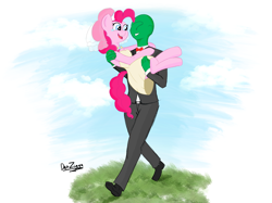 Size: 4098x3072 | Tagged: safe, artist:datzigga, imported from derpibooru, pinkie pie, oc, oc:anon, earth pony, human, pony, bridal carry, carrying, clothes, crying, cute, diapinkes, dress, marriage, married, newlywed, tears of joy, tuxedo, wedding, wedding dress, wedding veil