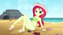 Size: 3832x2152 | Tagged: safe, artist:unichan, imported from derpibooru, rose heart, starfish, equestria girls, beach, bedroom eyes, belly button, bikini, bikini bottom, bikini top, bracelet, clothes, commission, ear piercing, earring, feet, female, green bikini, green swimsuit, hat, high res, jewelry, ocean, piercing, rock, sandals, seashell, show accurate, sitting, sleeveless, solo, sun hat, swimsuit, water, ych result