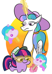 Size: 580x826 | Tagged: safe, artist:jargon scott, imported from derpibooru, princess celestia, twilight sparkle, alicorn, pony, unicorn, alternate hairstyle, celestia is not amused, duo, female, filly, filly twilight sparkle, food, hand, hat, levitation, magic, magic hands, mare, no fat chicks, palindrome get, pinklestia, ponytail, popsicle, squatpony, sun hat, sunglasses, telekinesis, twiggie, unamused, unicorn twilight, younger