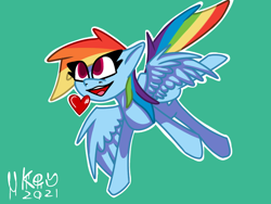 Size: 1024x768 | Tagged: safe, artist:ukedideka, imported from derpibooru, rainbow dash, oc, pegasus, pony, eye clipping through hair, female, flying, green background, heart, mare, open mouth, open smile, pegasus pony, simple background, smiling, solo