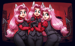 Size: 2800x1705 | Tagged: safe, artist:king-kakapo, imported from derpibooru, fluttershy, human, cerberus (helltaker), clothes, commission, cosplay, costume, ears, female, helltaker, humanized, multeity, tail, triality