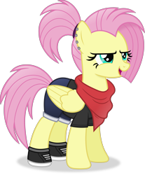 Size: 3856x4646 | Tagged: safe, artist:anime-equestria, imported from derpibooru, fluttershy, pegasus, pony, alternate hairstyle, bandana, clothes, ear piercing, female, mare, piercing, ponytail, shoes, simple background, solo, transparent background, vector, wings