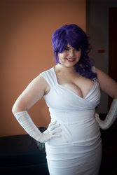 Size: 3744x5616 | Tagged: safe, artist:equestrian-strumpet, imported from derpibooru, rarity, human, breasts, chubby, cleavage, clothes, cosplay, costume, equestria la, equestria la 2012, gloves, hand on hip, irl, irl human, long gloves, photo