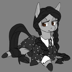 Size: 1000x1000 | Tagged: safe, artist:rirurirue, imported from twibooru, oc, oc only, oc:wednesday, pony, braid, clothes, female, gray background, grayscale, hooves, image, looking at you, mare, monochrome, partial color, png, ponified, prone, simple background, solo, wednesday addams, weekday ponies