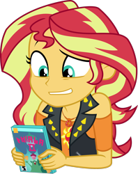 Size: 1612x2035 | Tagged: safe, artist:sketchmcreations, imported from derpibooru, sunset shimmer, equestria girls, equestria girls series, holidays unwrapped, spoiler:eqg series (season 2), clothes, dashing through the mall, female, geode of empathy, holding, jacket, magical geodes, present, shoulderless, simple background, transparent background, unsure, vector, video game