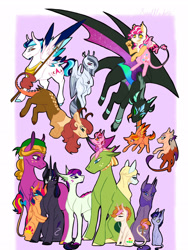 Size: 1536x2048 | Tagged: safe, artist:artfestation, imported from derpibooru, hippogriff, hybrid, pony, abstract background, interspecies offspring, magical gay spawn, magical lesbian spawn, offspring, parent:applejack, parent:big macintosh, parent:coloratura, parent:discord, parent:fluttershy, parent:gabby, parent:gilda, parent:maud pie, parent:rainbow dash, parent:rarity, parent:scootaloo, parent:spike, parent:spitfire, parent:sugar belle, parent:thorax, parents:discoshy, parents:gabbyloo, parents:gildashy, parents:rarajack, parents:rarimaud, parents:spitdash, parents:sugarmac, parents:thoraxspike