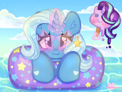 Size: 4000x3000 | Tagged: safe, artist:bunxl, edit, editor:anonymous, imported from twibooru, starlight glimmer, trixie, pony, unicorn, :3, cute, female, food, ice cream, image, inner tube, levitation, looking at you, magic, mare, ocean, png, popsicle, smiling, solo, sunglasses, telekinesis