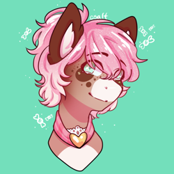 Size: 926x926 | Tagged: safe, artist:csaltsoftdrinks, artist:seasaltsoftdrinks, imported from twibooru, oc, oc only, oc:toffee, earth pony, pony, artfight, candy, collar, food, head, heart, image, png, simple background, smiling, solo