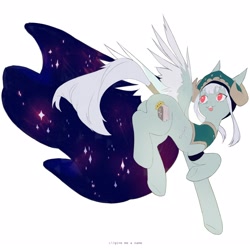 Size: 2288x2288 | Tagged: safe, artist:persikonia, imported from twibooru, oc:empress, pegasus, pony, arm band, artfight, clothes, female, galaxy, happy, hat, horns, image, mare, moon, needs more jpeg, open mouth, raised hoof, simple background, smiling, solo, stars, tail wrap, two toned wings, white background, white hair, wings