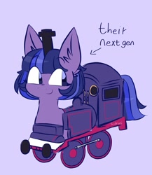 Size: 887x1024 | Tagged: safe, artist:sidruni, imported from derpibooru, oc, oc only, object pony, original species, train pony, child, crossover, crossover ship offspring, interspecies offspring, offspring, parent:thomas the tank engine, parent:twilight sparkle, parents:twitom, ponified, purple background, simple background, train