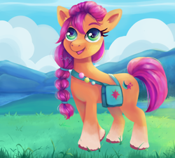 Size: 5004x4500 | Tagged: safe, artist:saphypone, imported from derpibooru, sunny starscout, earth pony, pony, absurd resolution, badge, bag, braid, cloud, coat markings, cute, female, g5, grass, mare, mountain, open mouth, redraw, sky, socks (coat markings), solo, sunnybetes, unshorn fetlocks